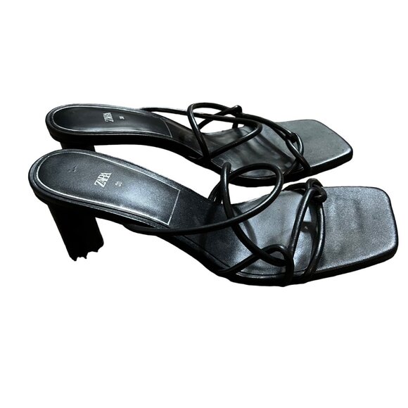 Zara Womens Black Tubular Interwoven Strappy Square Toe Heeled Sandals Size 7 - Picture 1 of 5